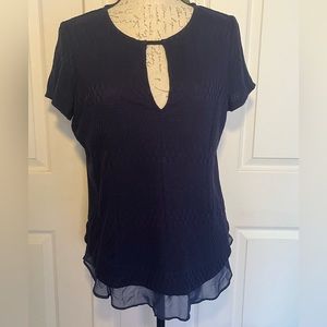 Anthropologie Deletta Navy Blue Short Sleeve Blouse Ruffle Hem Medium